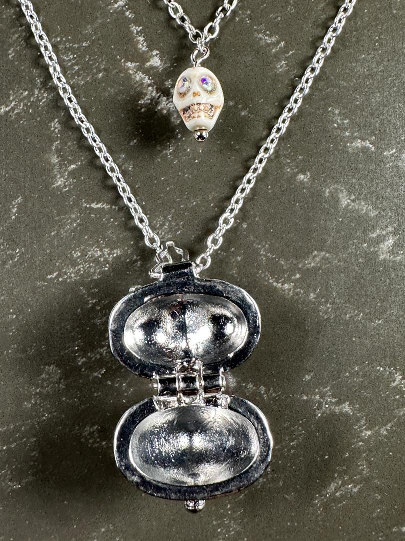 Dia De Los Muertos, Gothic, Hand Made, Fine Jewelry, Sugar Skull, Heart Locket, With silver Plated Cable Chain & Ball Chain Necklace