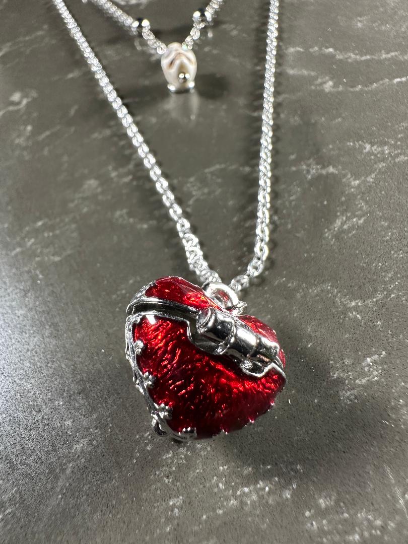 Dia De Los Muertos, Gothic, Hand Made, Fine Jewelry, Sugar Skull, Heart Locket, With silver Plated Cable Chain & Ball Chain Necklace