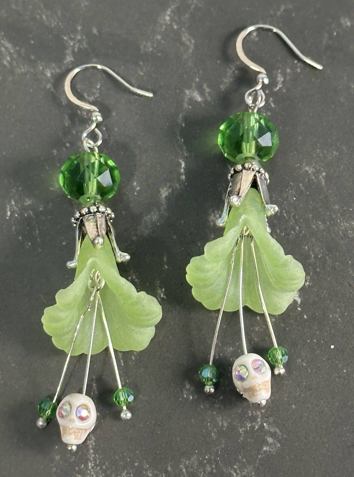 Dia De Los Muertos, Gothic, Hand Made, Fine Jewelry, Angels Trumpet, Sugar Skull, Faceted Beads,  Silver Plated  Earrings