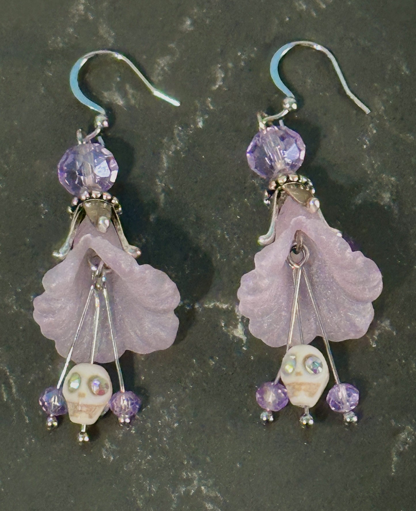 Dia De Los Muertos, Gothic, Hand Made, Fine Jewelry, Angels Trumpet, Sugar Skull, Faceted Beads,  Silver Plated  Earrings
