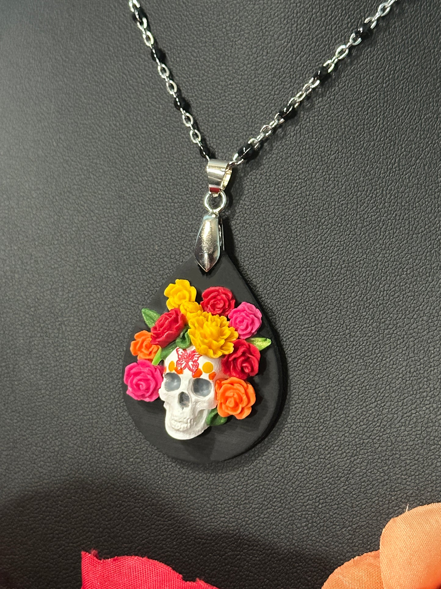 Tear Drop Catrina with flowers Necklace