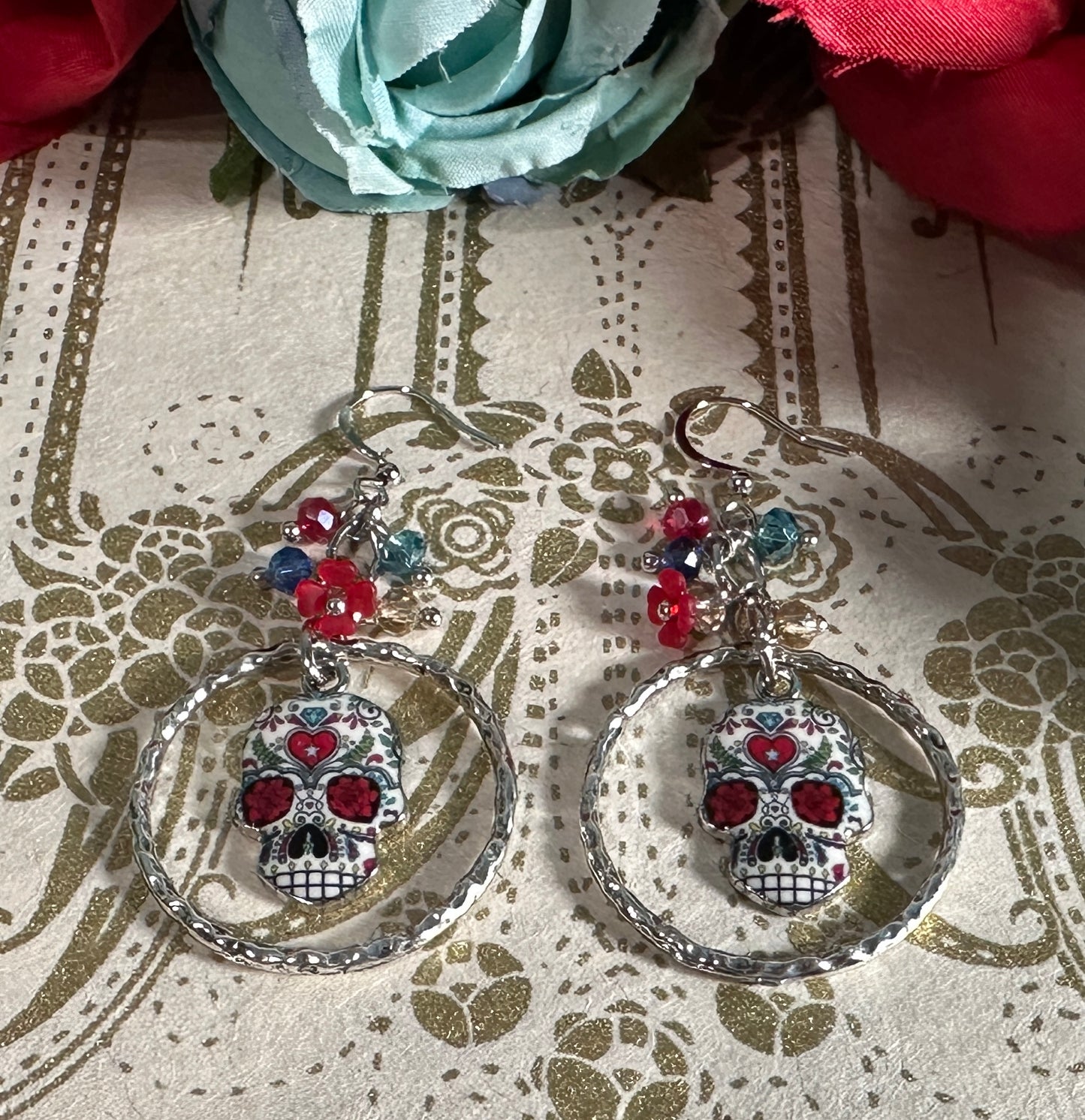 Sugar Skull with flower, Beads & "O" Ring Earrings