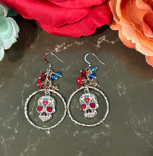Sugar Skull with flower, Beads & "O" Ring Earrings