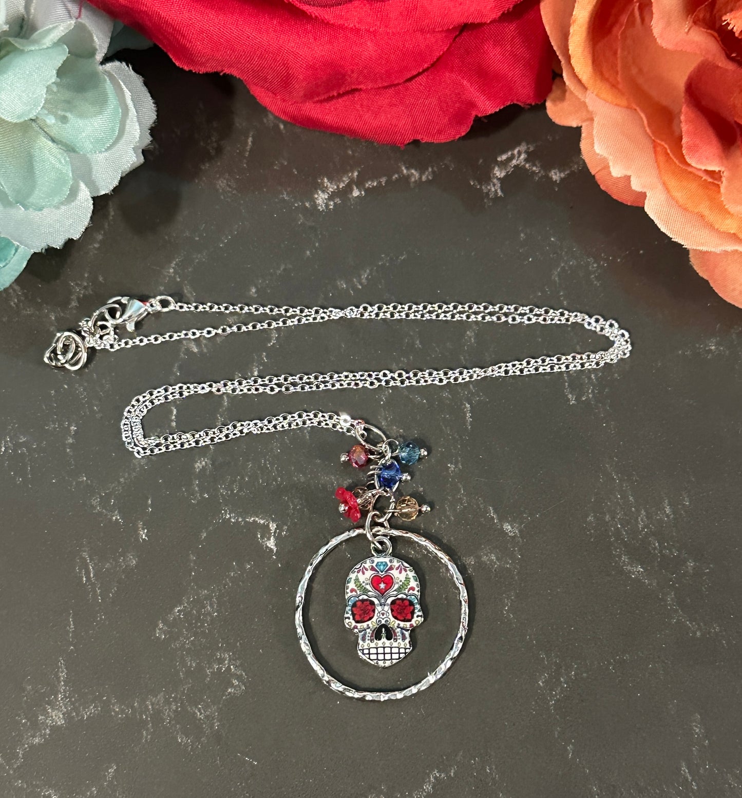 Sugar Skull with flower, beads & "O" ring Necklace