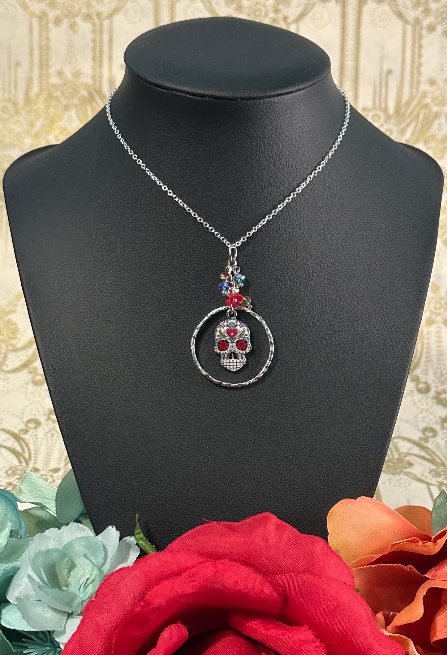 Sugar Skull with flower, beads & "O" ring Necklace