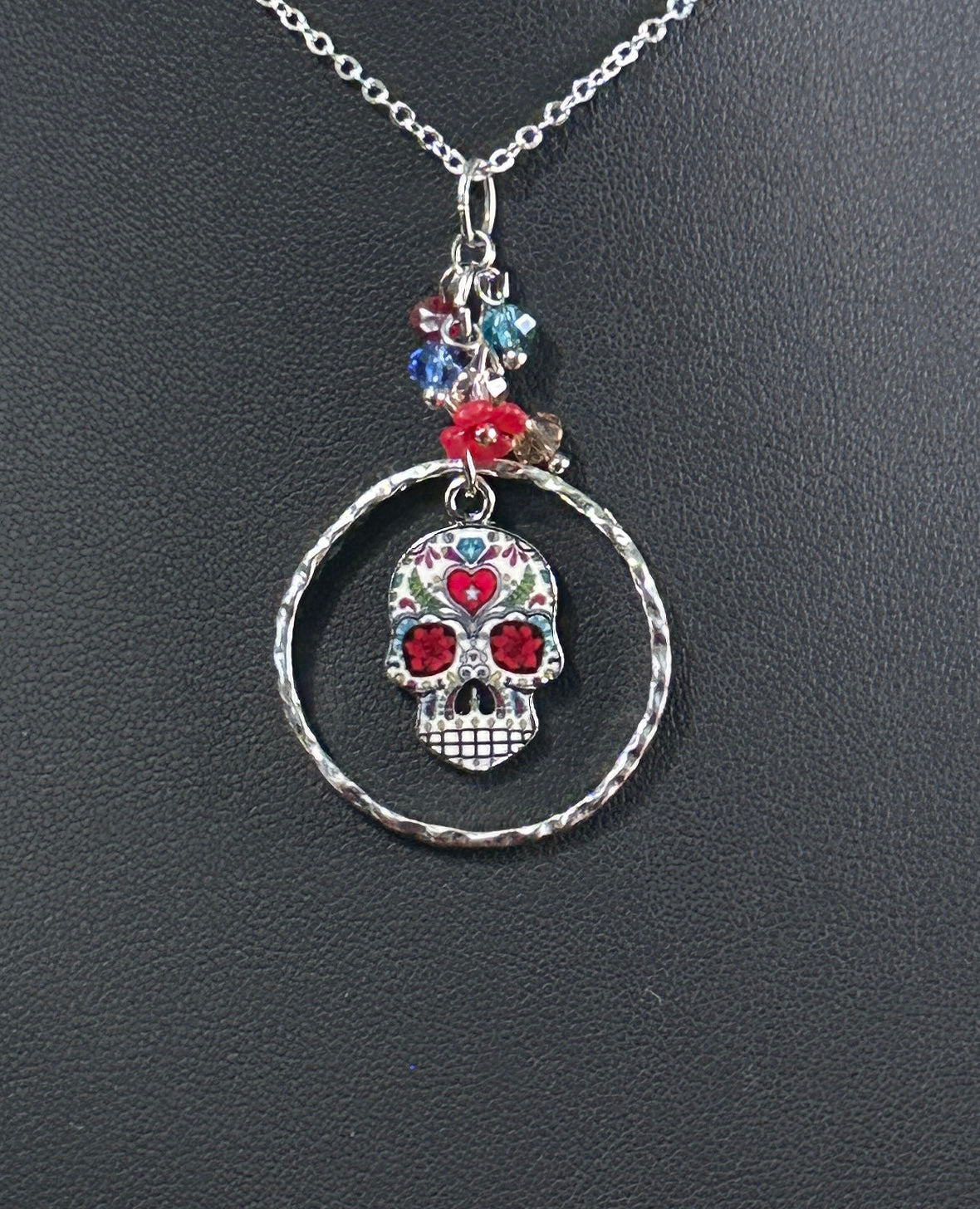 Sugar Skull with flower, beads & "O" ring Necklace