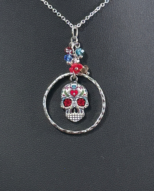 Sugar Skull with flower, beads & "O" ring Necklace