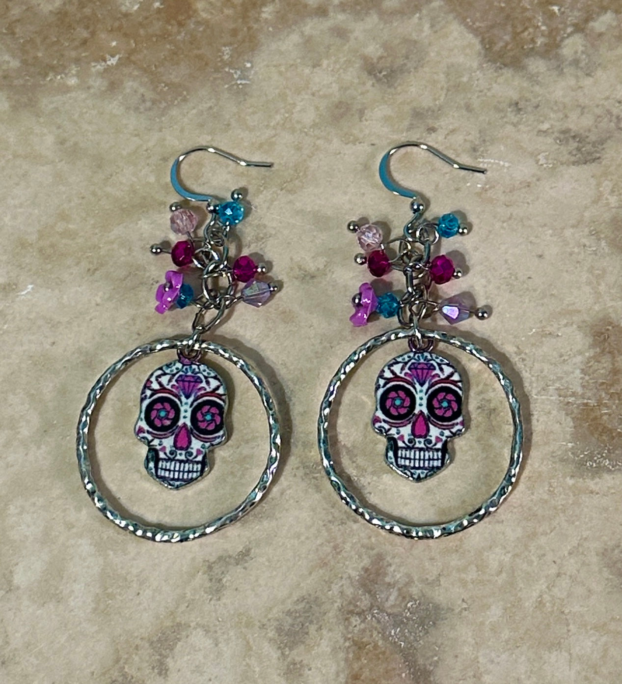 Sugar Skull with flower, Beads & "O" Ring Earrings