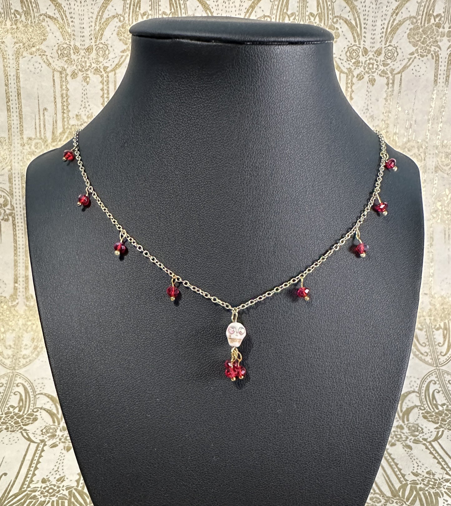 Dia De Los Muertos, Gothic, Fine Jewelry, Bead Drop With Sugar Skull, Gold Plated Necklace