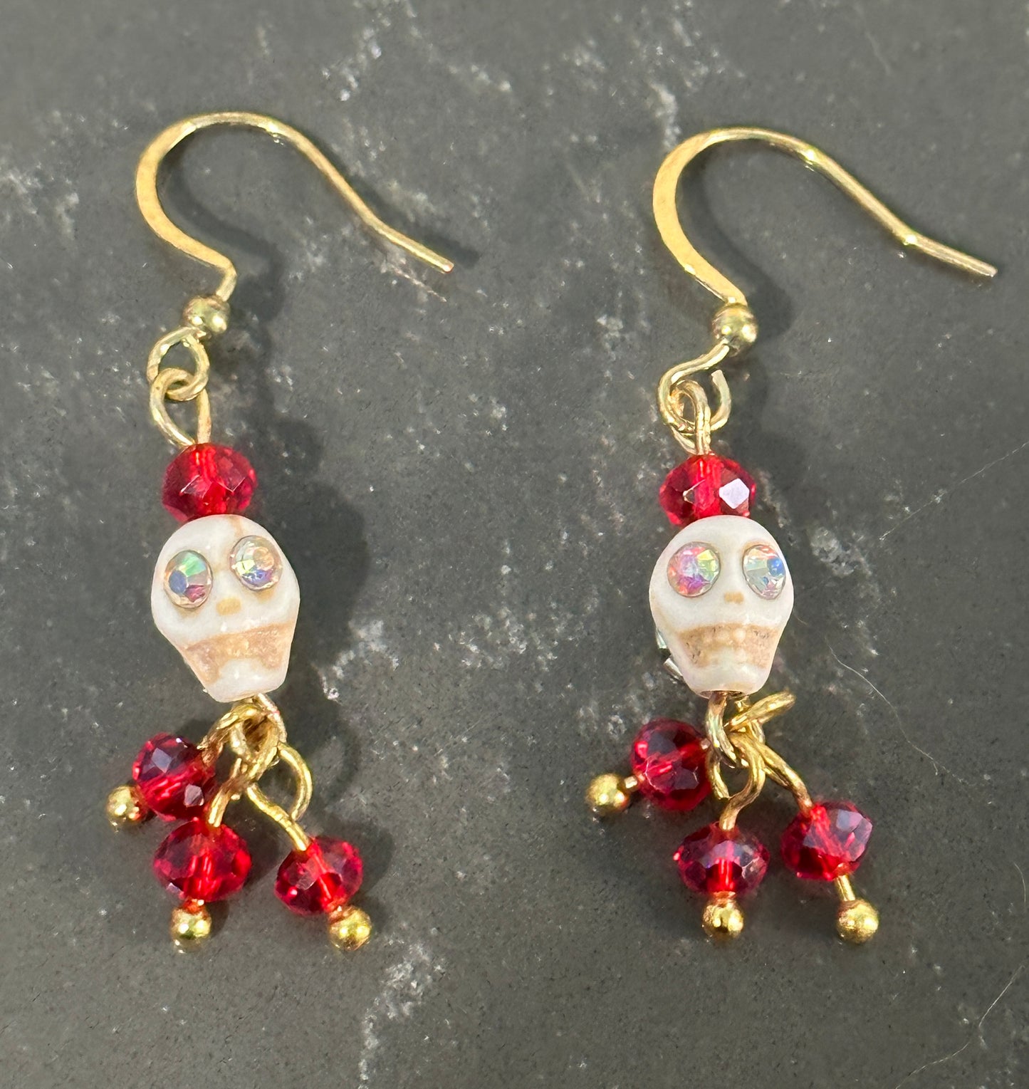 Dia De Los Muertos, Gothic, Fine Jewelry, Bead Drop With Sugar Skull, Gold Plated Earrings